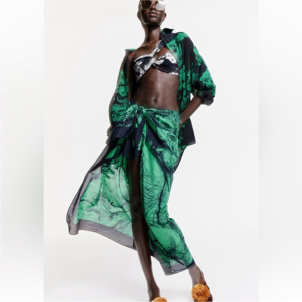 H&M X The white Lotus green elephant print large scarf coverup warp skirt